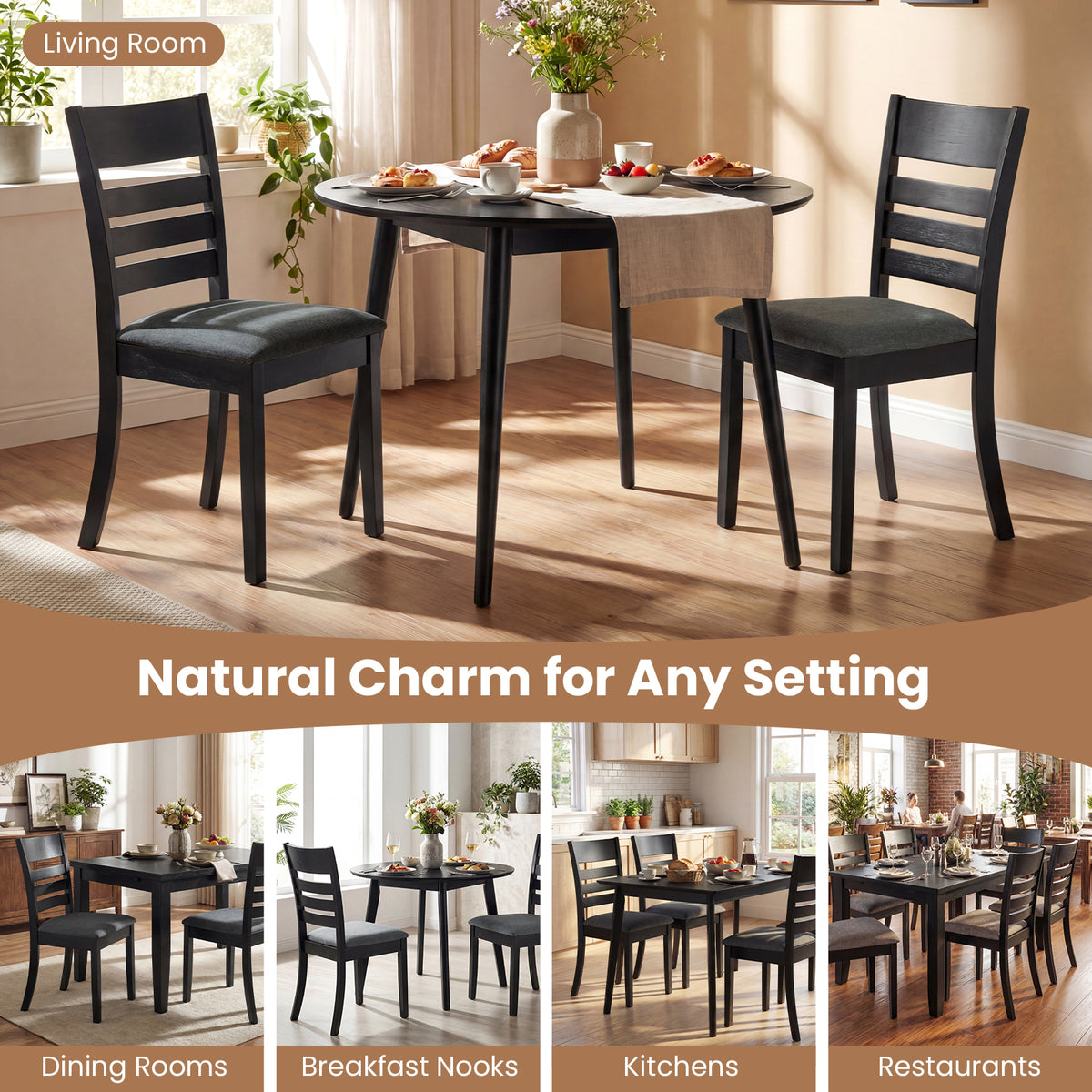 Wooden Dining Chairs Set of 4 Upholstered Kitchen Chairs with Rubber Wood Frame-Black view 9