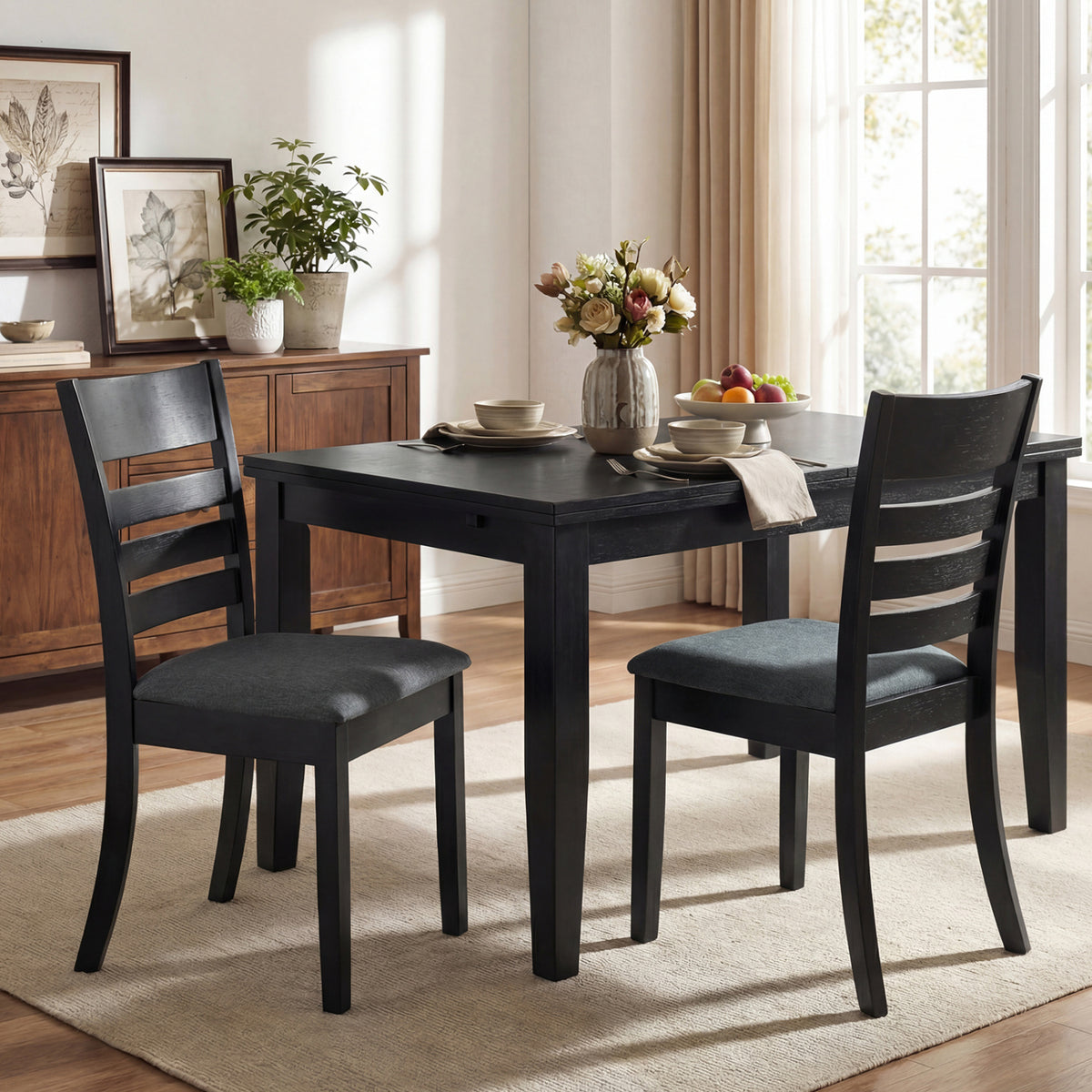 Wooden Dining Chairs Set of 2 Upholstered Kitchen Chairs with Rubber Wood Frame-Black view 3