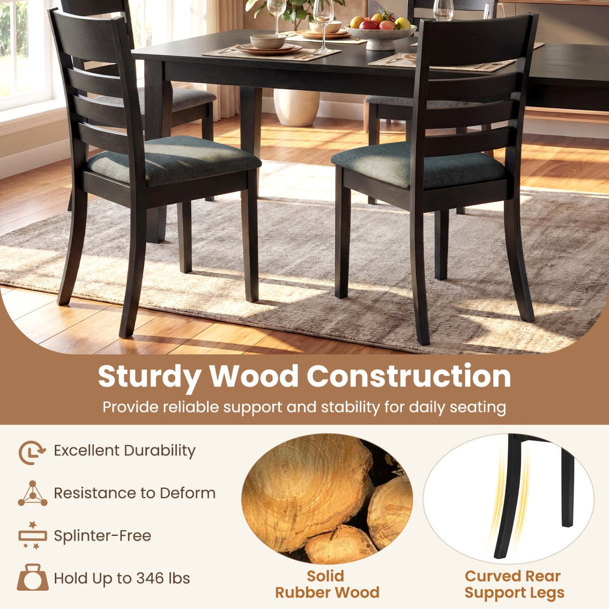 Wooden Dining Chairs Set of 2 Upholstered Kitchen Chairs with Rubber Wood Frame-Black view 7