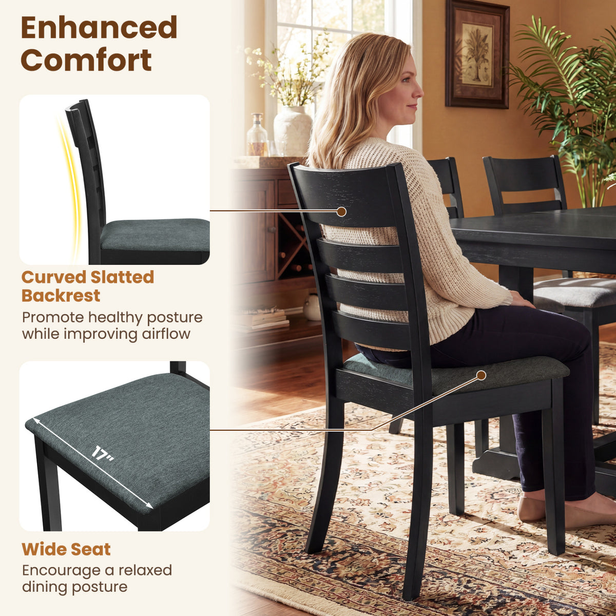 Wooden Dining Chairs Set of 2 Upholstered Kitchen Chairs with Rubber Wood Frame-Black view 8