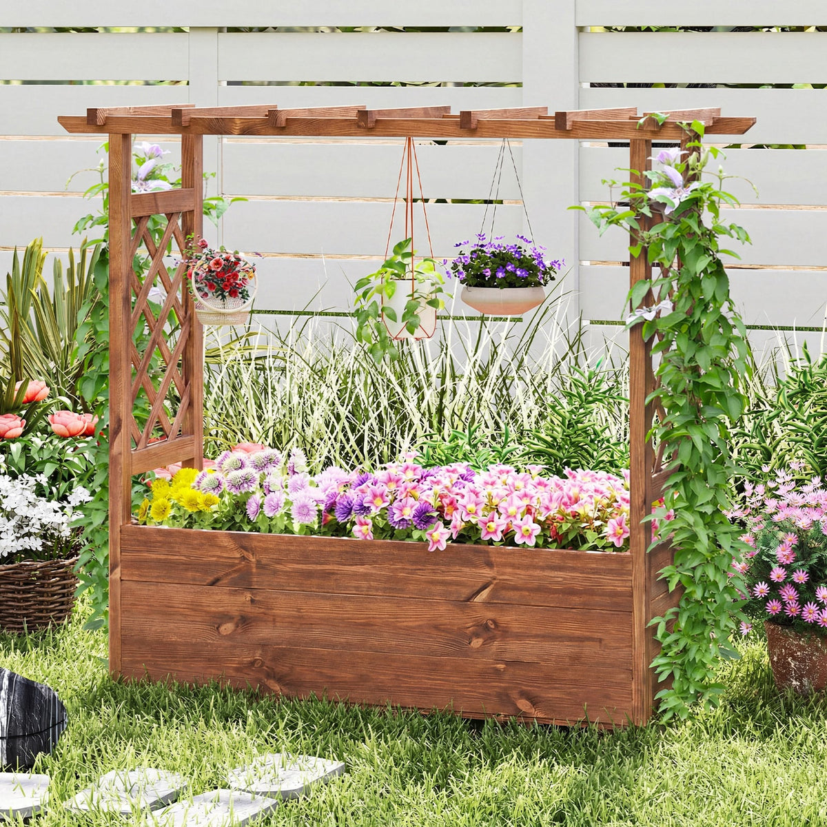 Wooden Elevated Planter Raised Garden Bed with Hanging Roof-Orange view 2