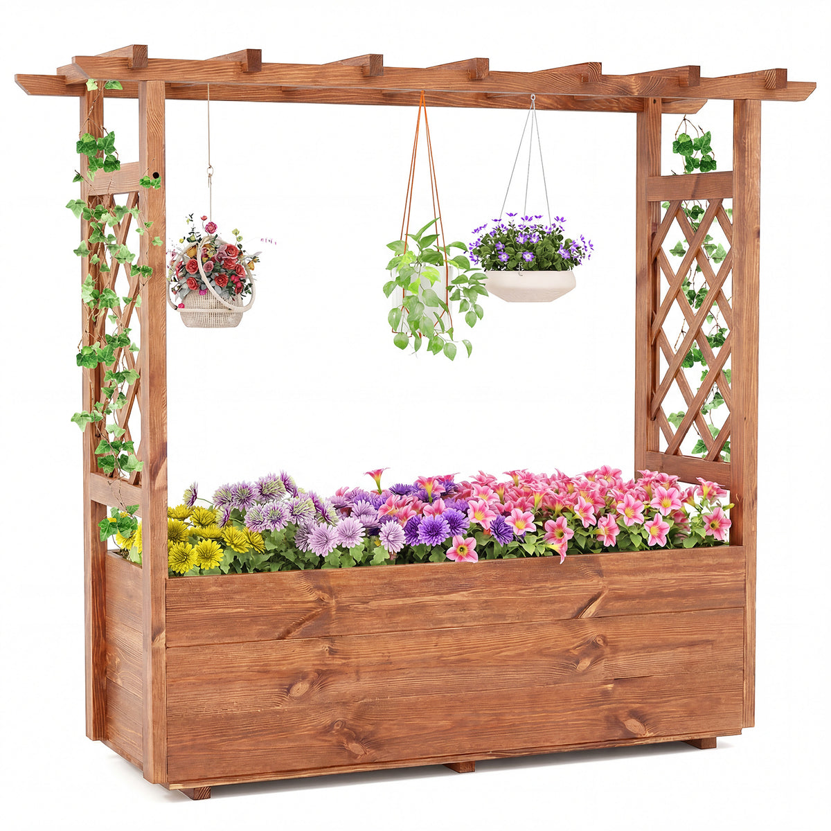 Wooden Elevated Planter Raised Garden Bed with Hanging Roof-Orange