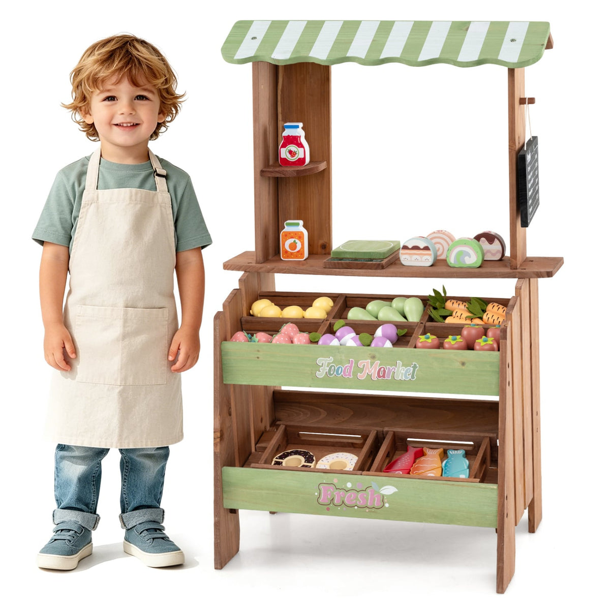 Wooden Grocery Store with Chalkboard and Accessories Montessori Toy for 3+ Kids view 4