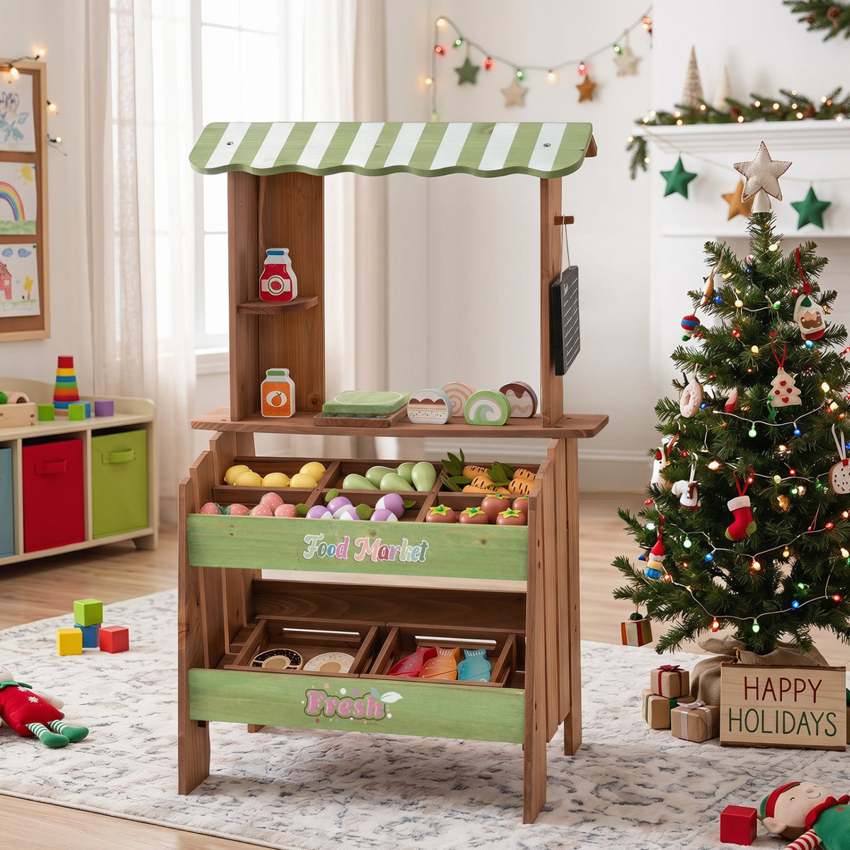 Wooden Grocery Store with Chalkboard and Accessories Montessori Toy for 3+ Kids view 2