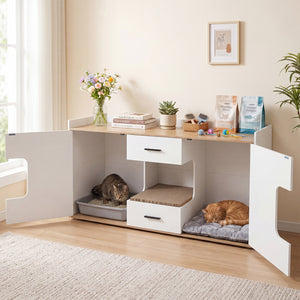 Wooden Hidden Cat House Cabinet with Wide Countertop 2 Drawers and 2 Doors-Natrual view 2