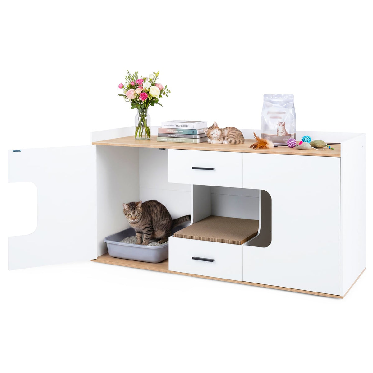 Wooden Hidden Cat House Cabinet with Wide Countertop 2 Drawers and 2 Doors-Natrual view 3