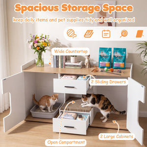 Wooden Hidden Cat House Cabinet with Wide Countertop 2 Drawers and 2 Doors-Natrual view 5