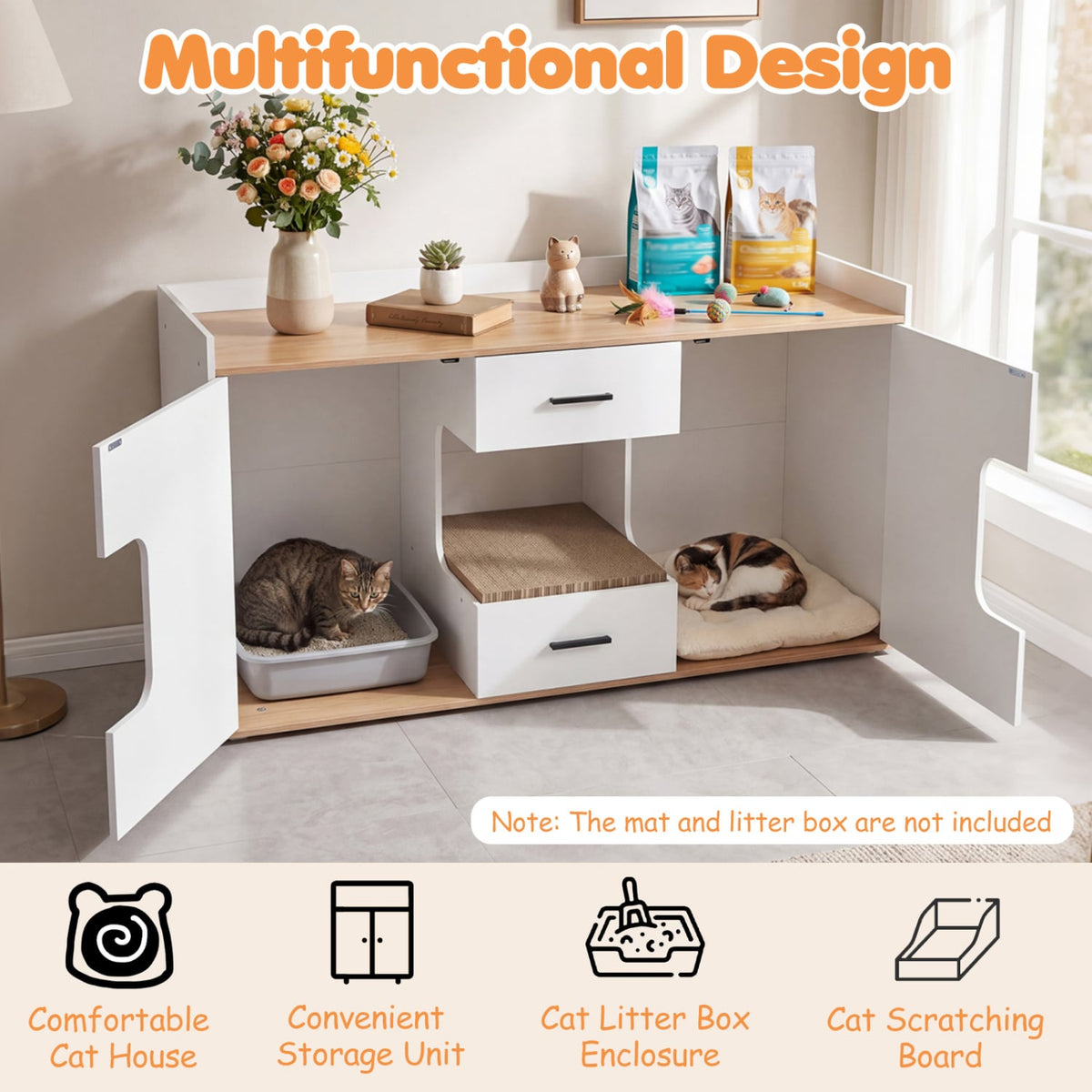 Wooden Hidden Cat House Cabinet with Wide Countertop 2 Drawers and 2 Doors-Natrual view 6