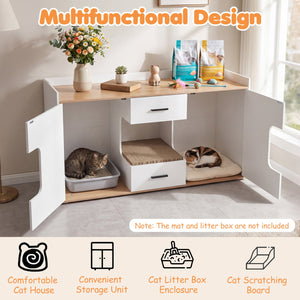 Wooden Hidden Cat House Cabinet with Wide Countertop 2 Drawers and 2 Doors-Natrual view 6