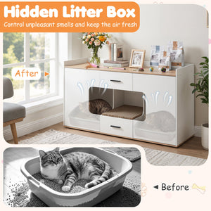 Wooden Hidden Cat House Cabinet with Wide Countertop 2 Drawers and 2 Doors-Natrual view 7