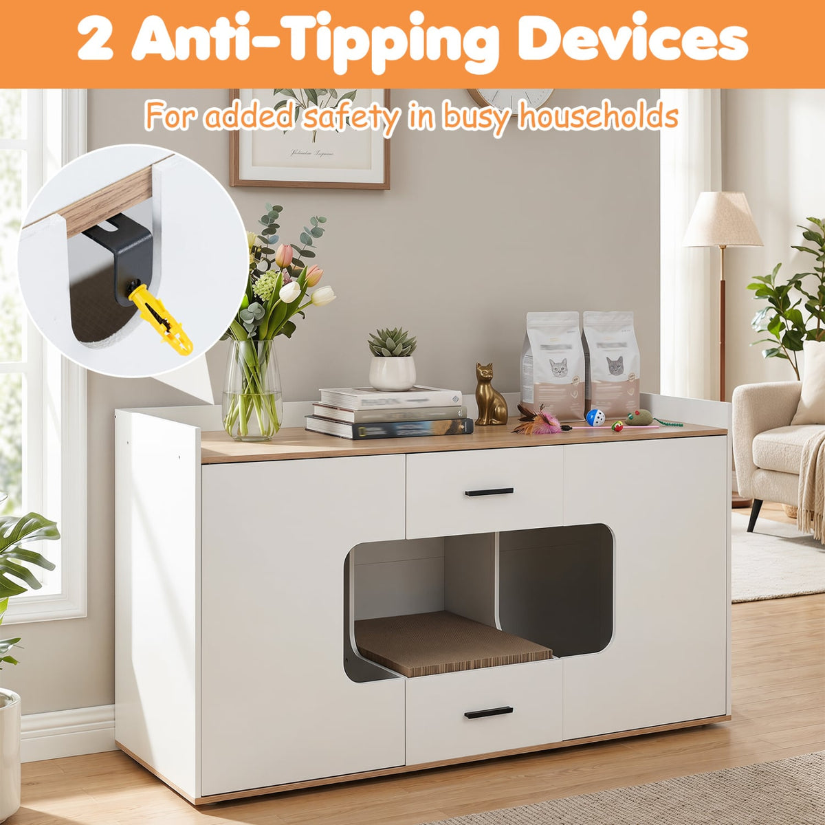 Wooden Hidden Cat House Cabinet with Wide Countertop 2 Drawers and 2 Doors-Natrual view 8