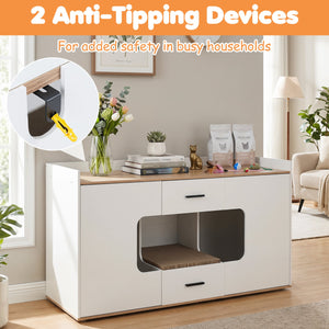 Wooden Hidden Cat House Cabinet with Wide Countertop 2 Drawers and 2 Doors-Natrual view 8