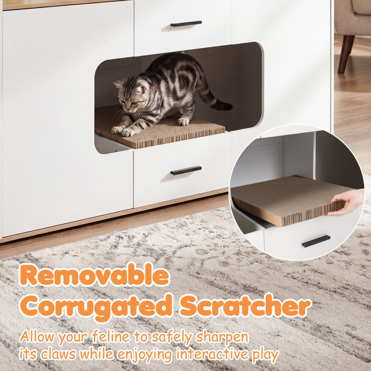 Wooden Hidden Cat House Cabinet with Wide Countertop 2 Drawers and 2 Doors-Natrual view 9