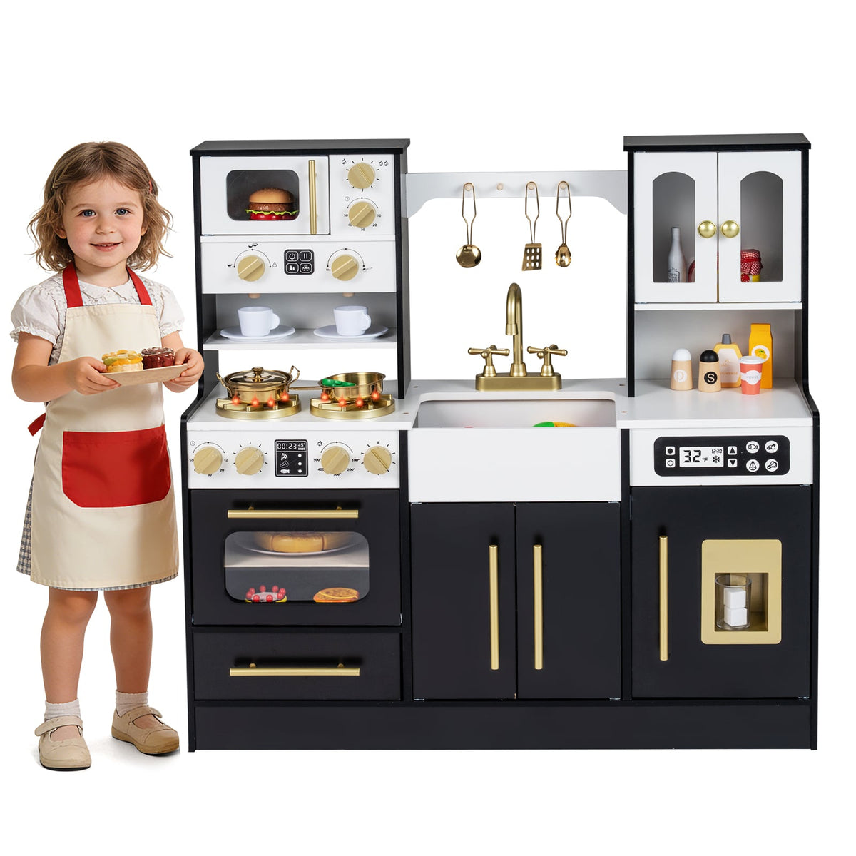 Wooden Kids Kitchen Playset with Realistic Lights and Sounds-Black view 4