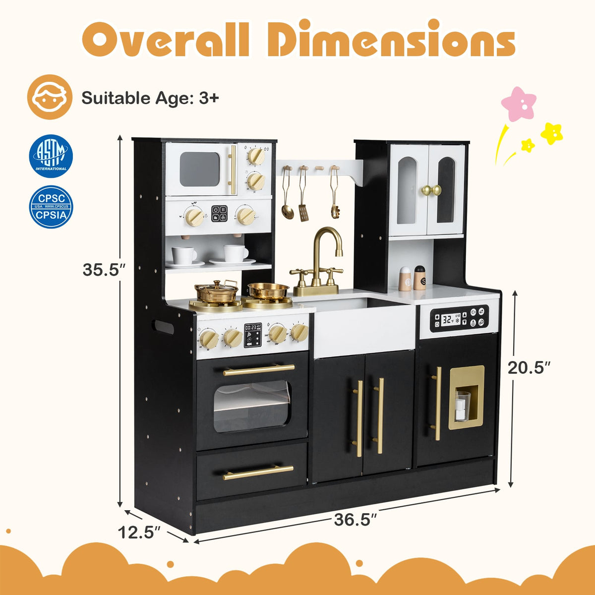 Wooden Kids Kitchen Playset with Realistic Lights and Sounds-Black view 5