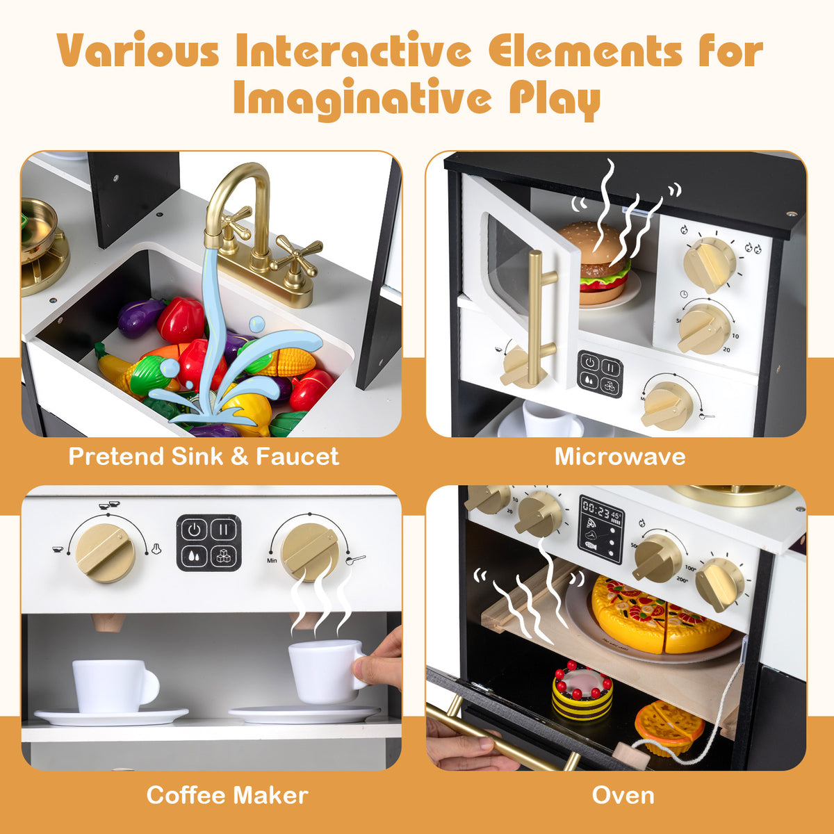 Wooden Kids Kitchen Playset with Realistic Lights and Sounds-Black view 7