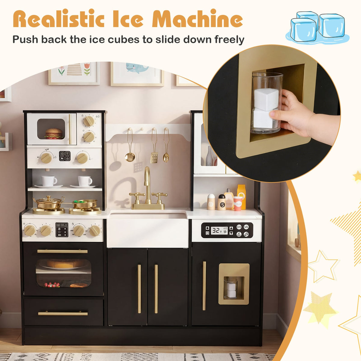 Wooden Kids Kitchen Playset with Realistic Lights and Sounds-Black view 9