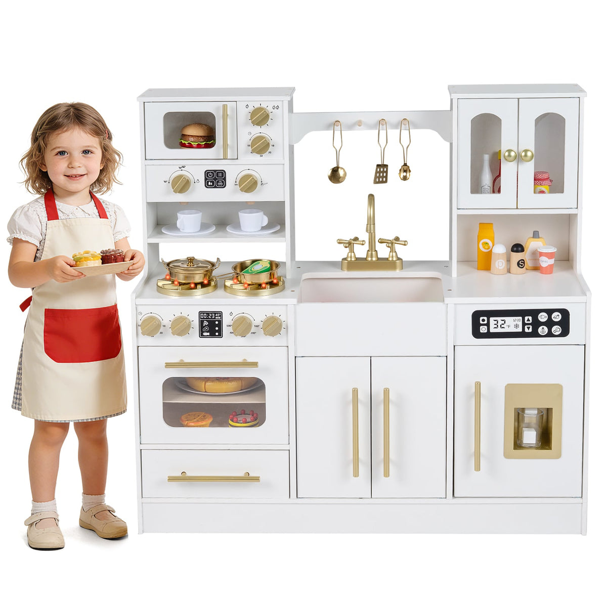 Wooden Kids Kitchen Playset with Realistic Lights and Sounds-White view 4