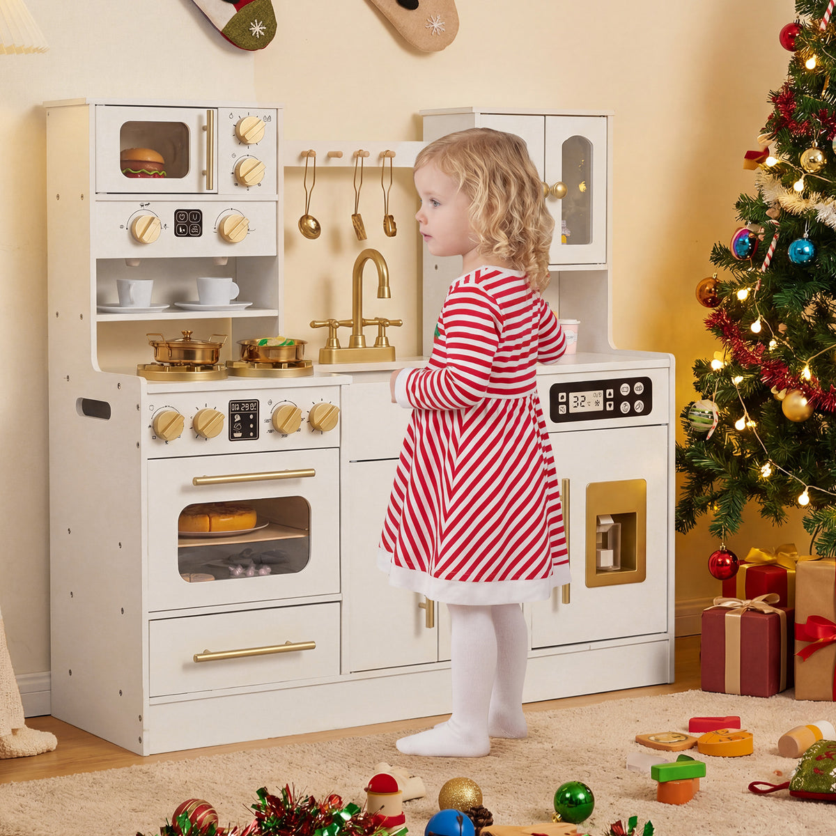 Wooden Kids Kitchen Playset with Realistic Lights and Sounds-White view 6