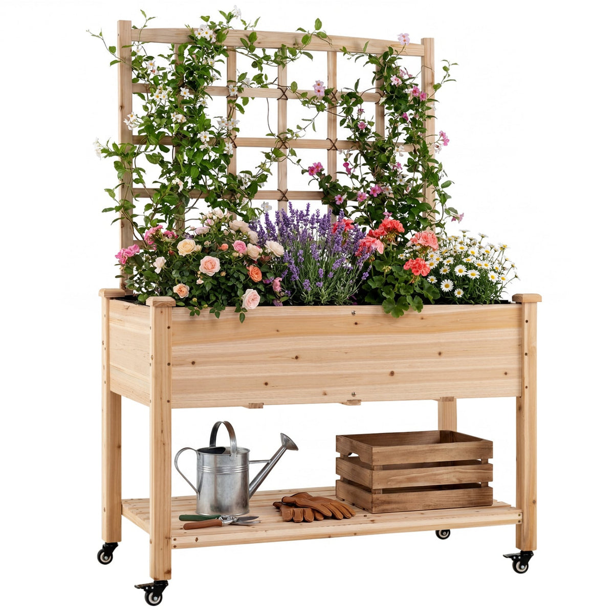 Wooden Mobile Raised Garden Bed on Wheels with Trellis-Natural view 3