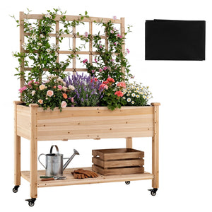 Wooden Mobile Raised Garden Bed on Wheels with Trellis-Natural view 5