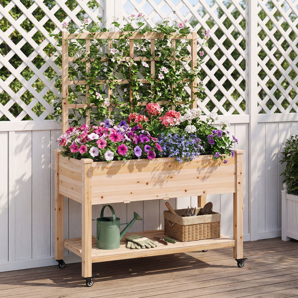 Wooden Mobile Raised Garden Bed on Wheels with Trellis-Natural view 2