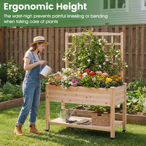 Wooden Mobile Raised Garden Bed on Wheels with Trellis-Natural view 6