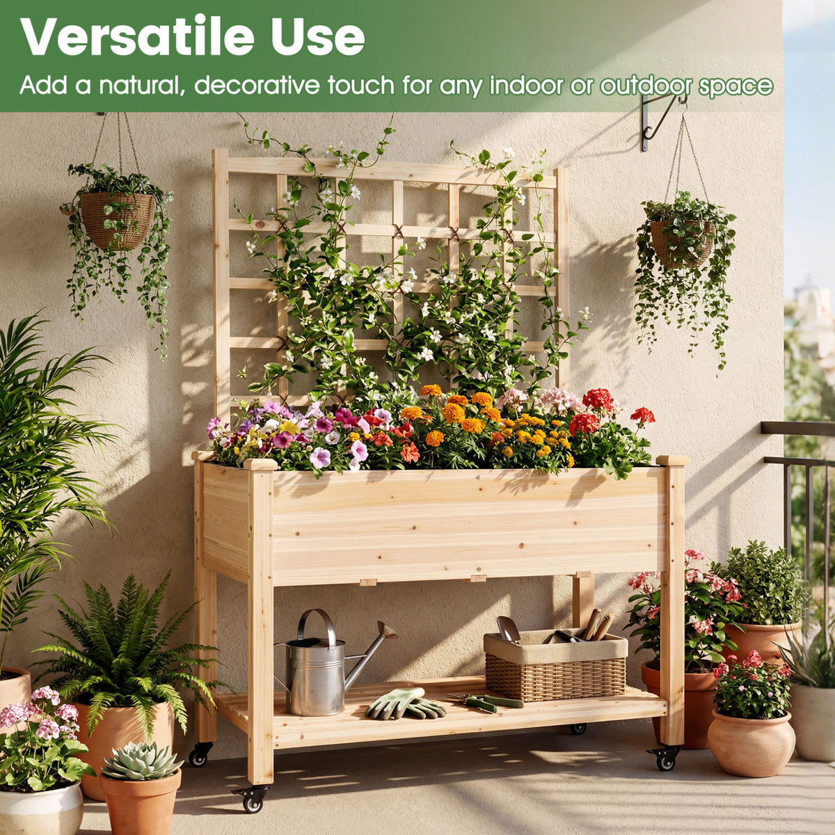 Wooden Mobile Raised Garden Bed on Wheels with Trellis-Natural view 7