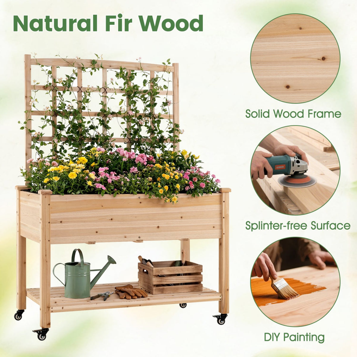 Wooden Mobile Raised Garden Bed on Wheels with Trellis-Natural view 8