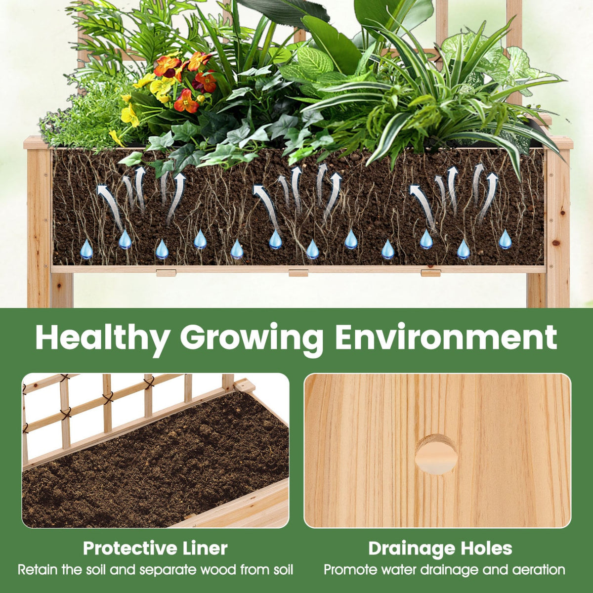 Wooden Mobile Raised Garden Bed on Wheels with Trellis-Natural view 9