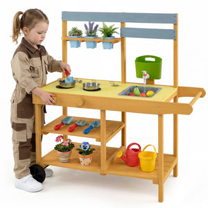 Wooden Outdoor Mud Kitchen for Kids with Flowerpots and Wheels-Yellow view 4
