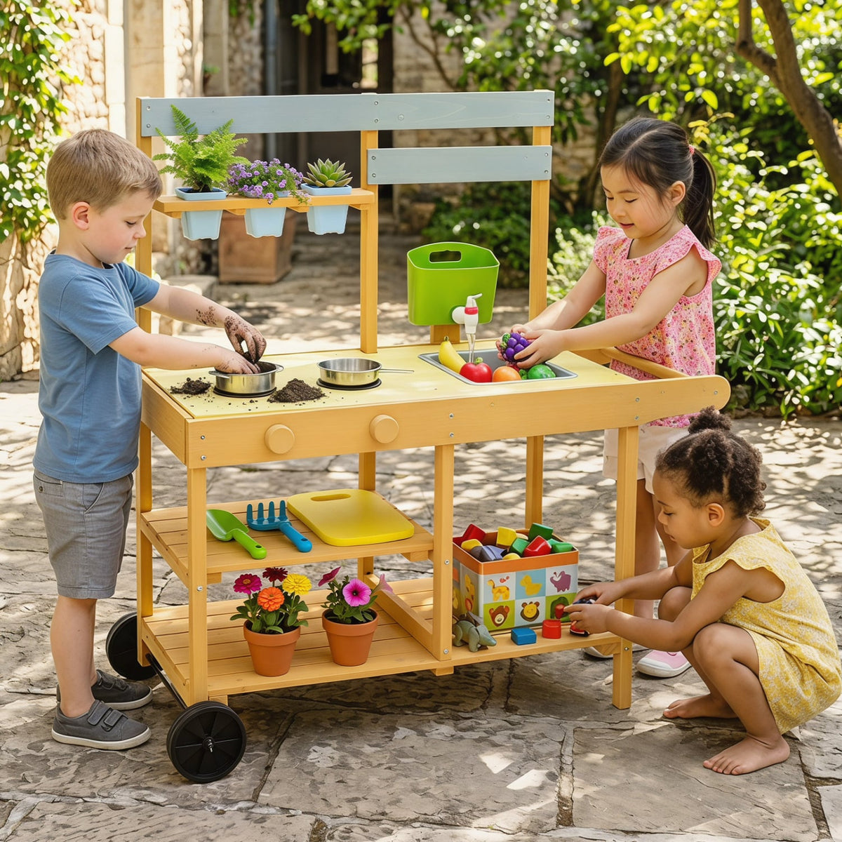 Wooden Outdoor Mud Kitchen for Kids with Flowerpots and Wheels-Yellow view 3