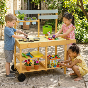 Wooden Outdoor Mud Kitchen for Kids with Flowerpots and Wheels-Yellow view 3