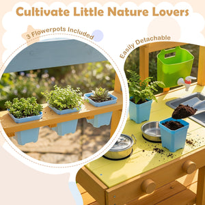 Wooden Outdoor Mud Kitchen for Kids with Flowerpots and Wheels-Yellow view 6