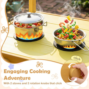 Wooden Outdoor Mud Kitchen for Kids with Flowerpots and Wheels-Yellow view 7