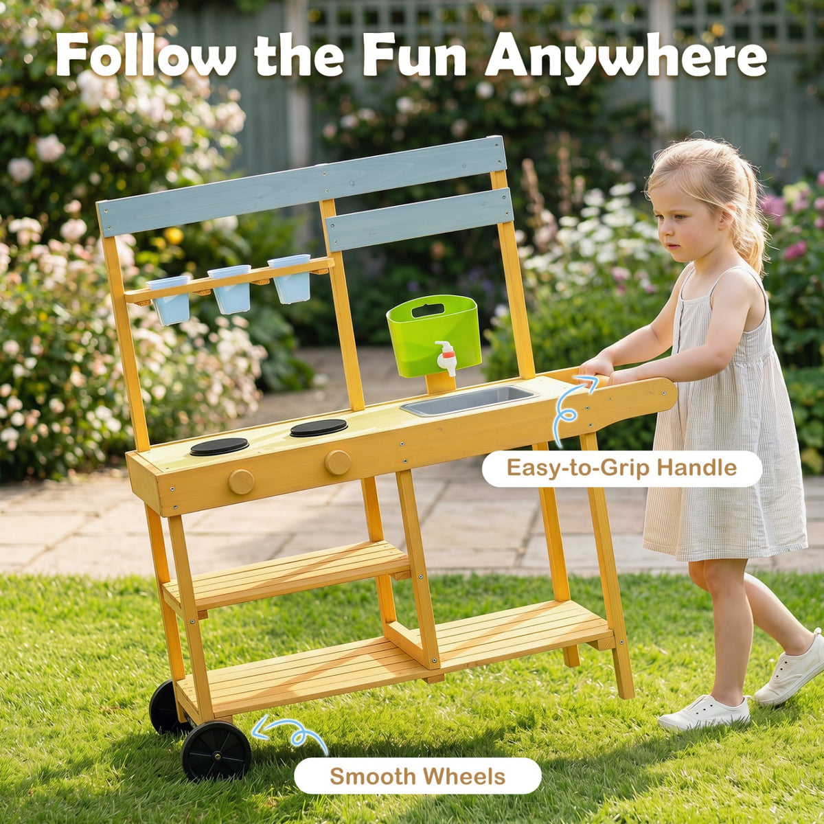 Wooden Outdoor Mud Kitchen for Kids with Flowerpots and Wheels-Yellow view 9
