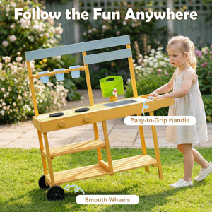 Wooden Outdoor Mud Kitchen for Kids with Flowerpots and Wheels-Yellow view 9