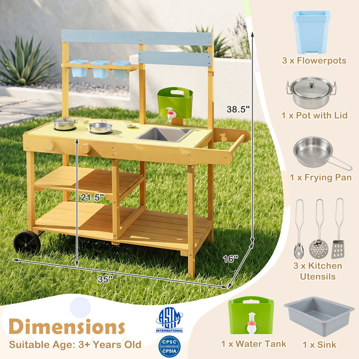 Wooden Outdoor Mud Kitchen for Kids with Flowerpots and Wheels-Yellow view 5