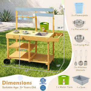 Wooden Outdoor Mud Kitchen for Kids with Flowerpots and Wheels-Yellow view 5