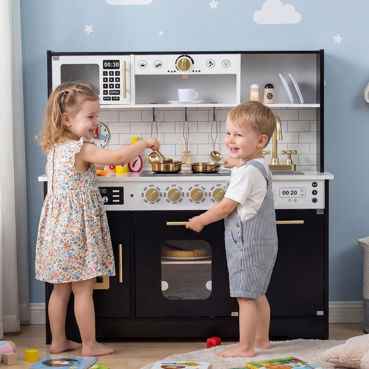Wooden Play Kitchen for Kids with Realistic Lights and Sounds-Black view 2