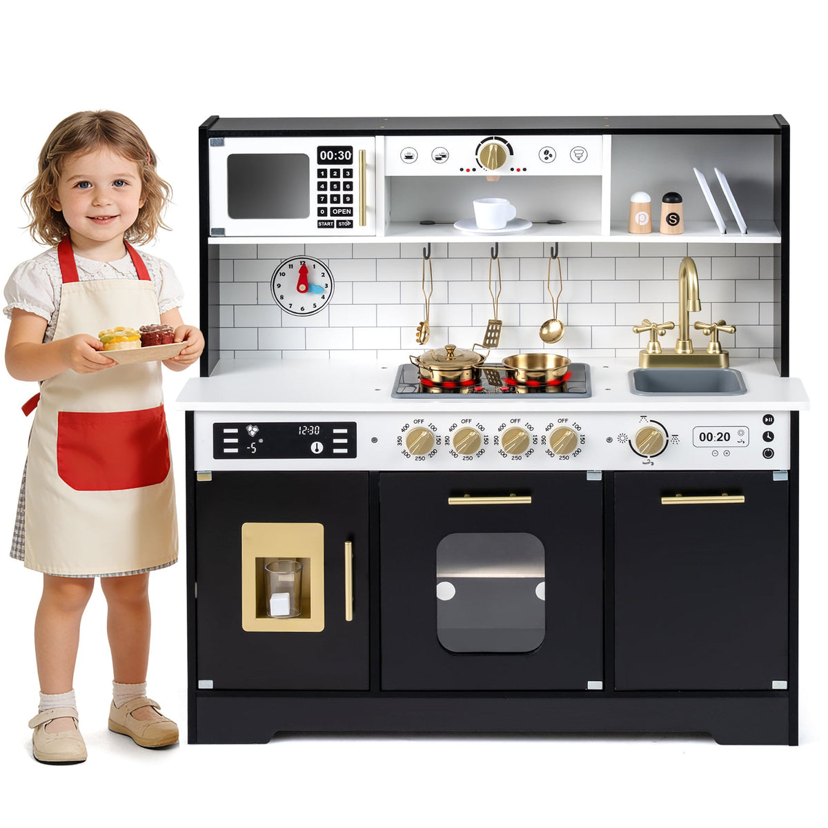 Wooden Play Kitchen for Kids with Realistic Lights and Sounds-Black view 4