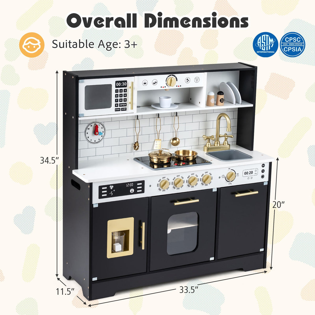 Wooden Play Kitchen for Kids with Realistic Lights and Sounds-Black view 5