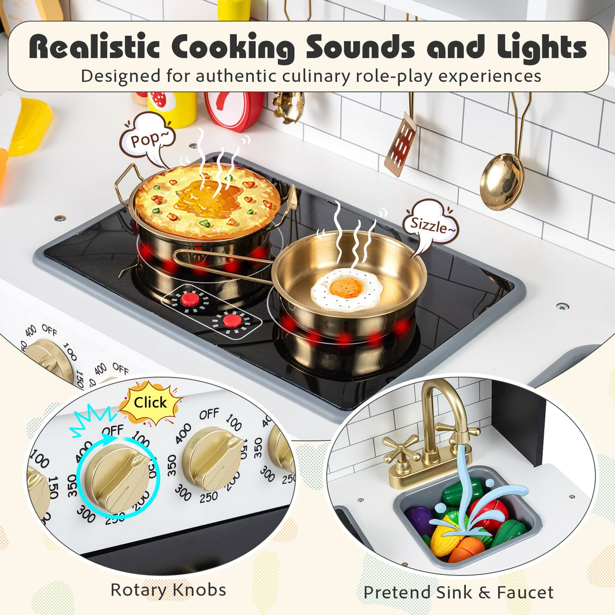 Wooden Play Kitchen for Kids with Realistic Lights and Sounds-Black view 8