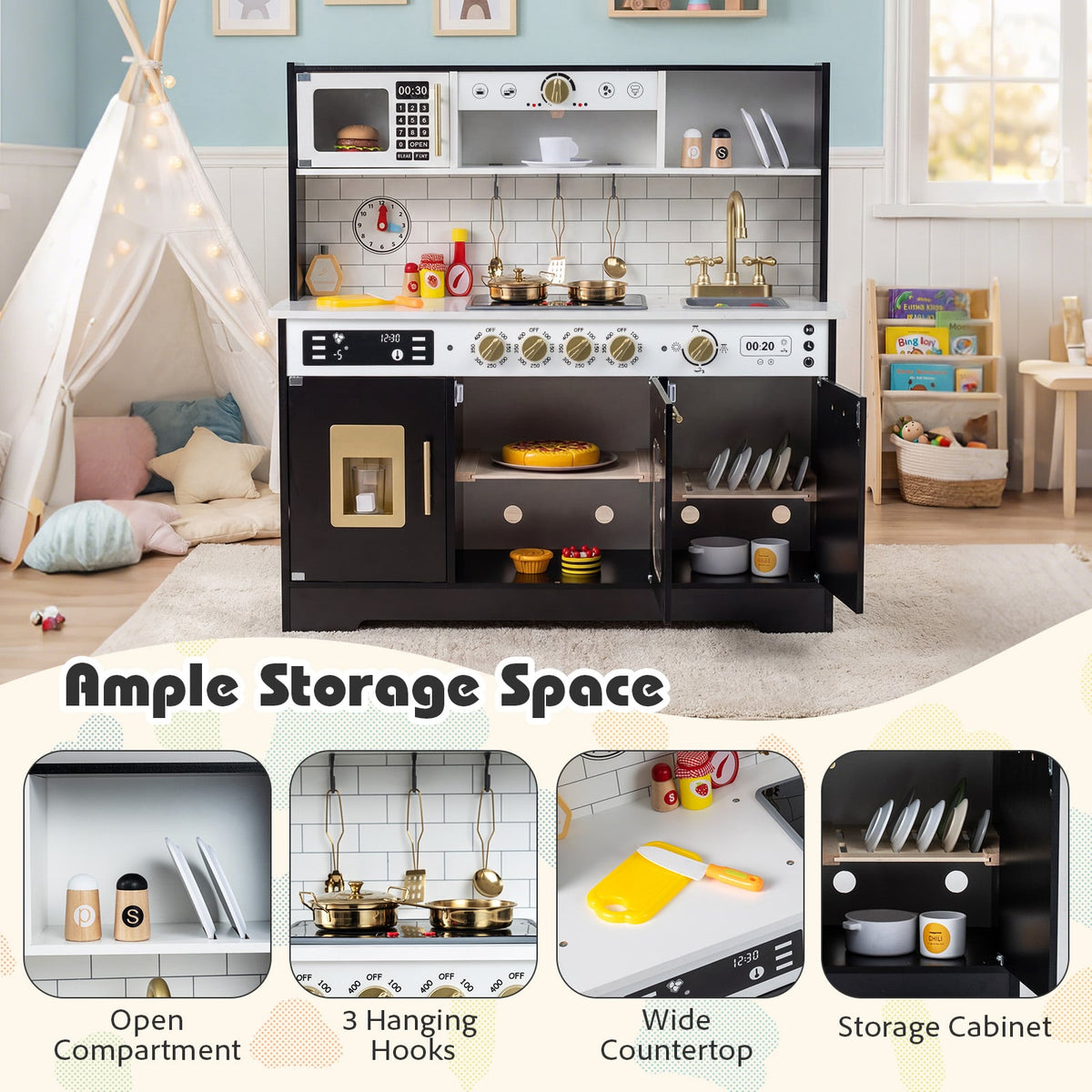 Wooden Play Kitchen for Kids with Realistic Lights and Sounds-Black view 9