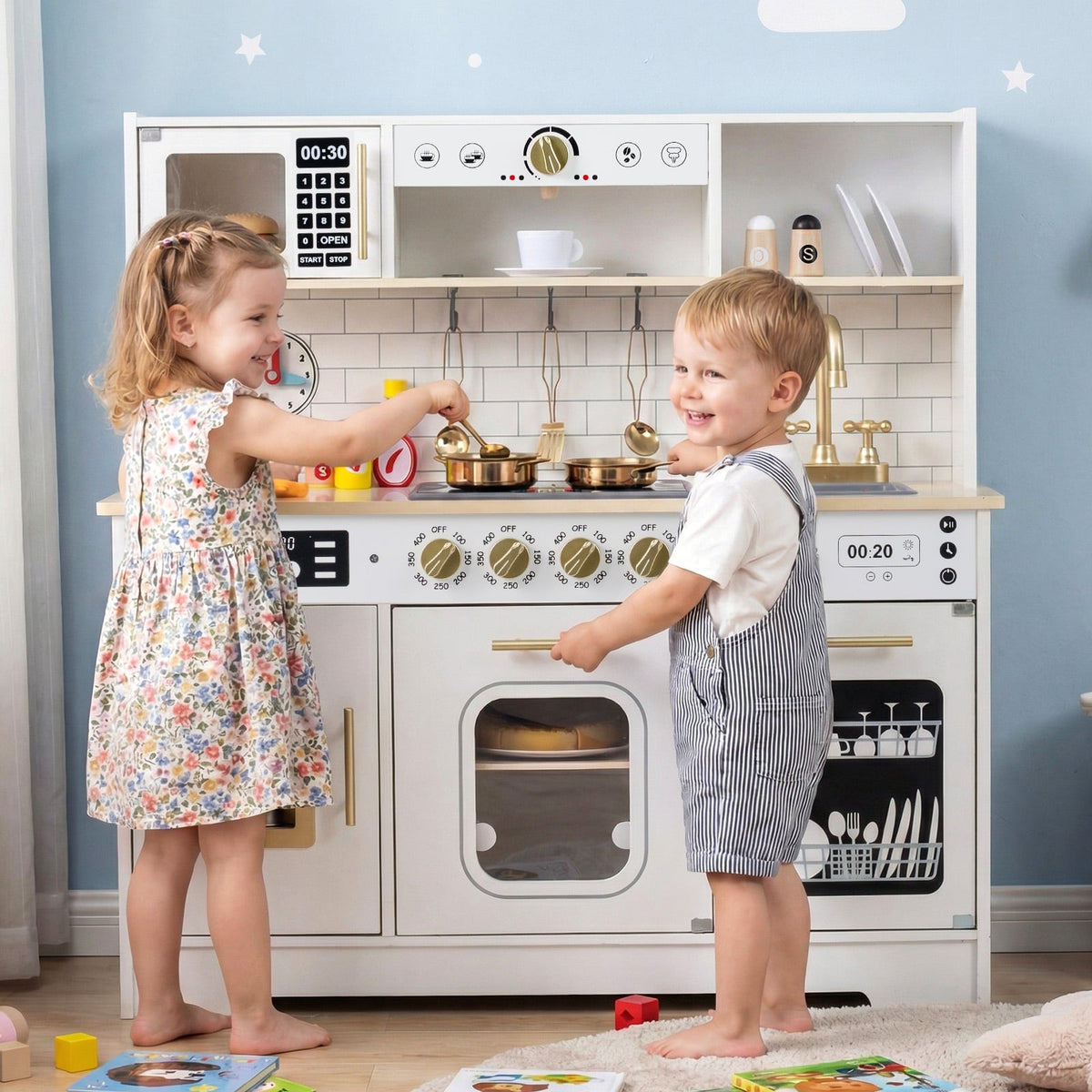 Wooden Play Kitchen for Kids with Realistic Lights and Sounds-White view 2
