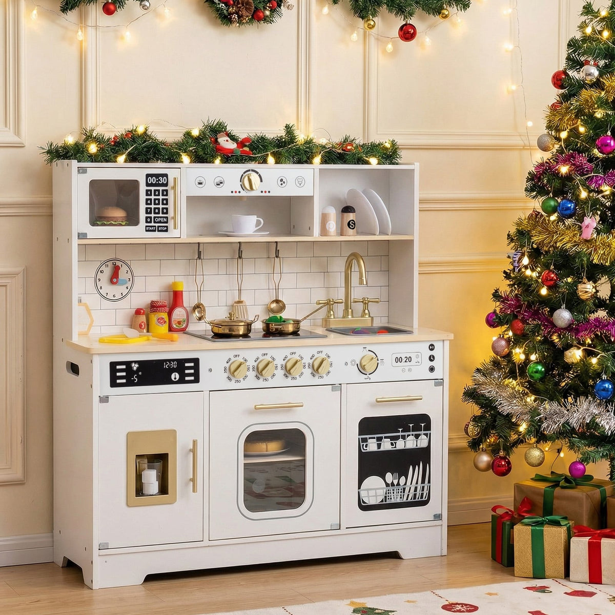 Wooden Play Kitchen for Kids with Realistic Lights and Sounds-White view 6