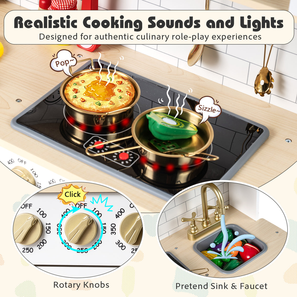 Wooden Play Kitchen for Kids with Realistic Lights and Sounds-White view 8