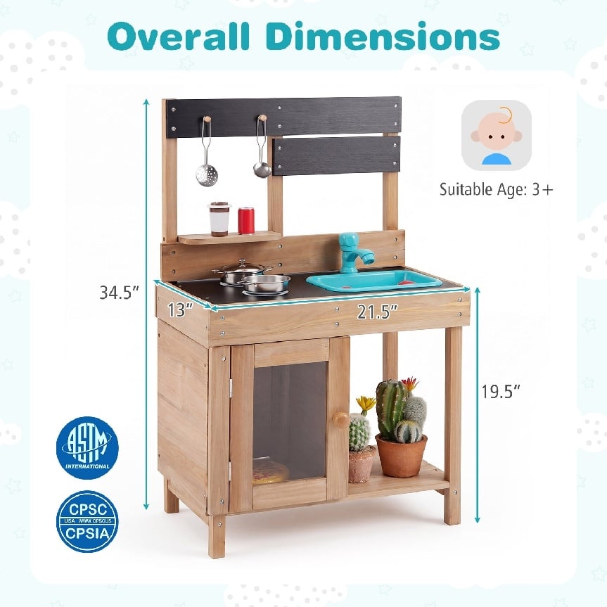 Wooden Play Pretend Kitchen with Stoves Storage Cabinet and Shelf view 5