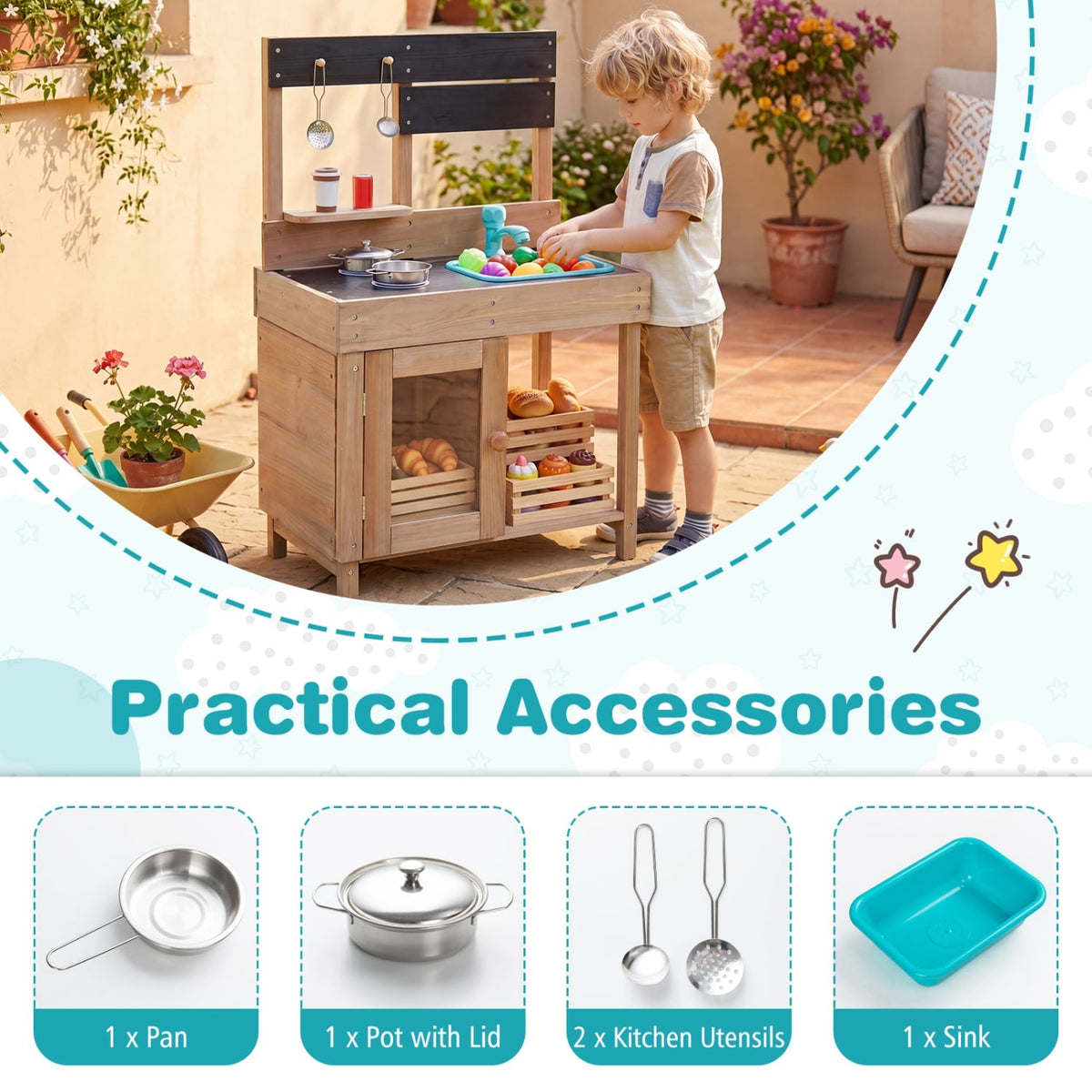 Wooden Play Pretend Kitchen with Stoves Storage Cabinet and Shelf view 6
