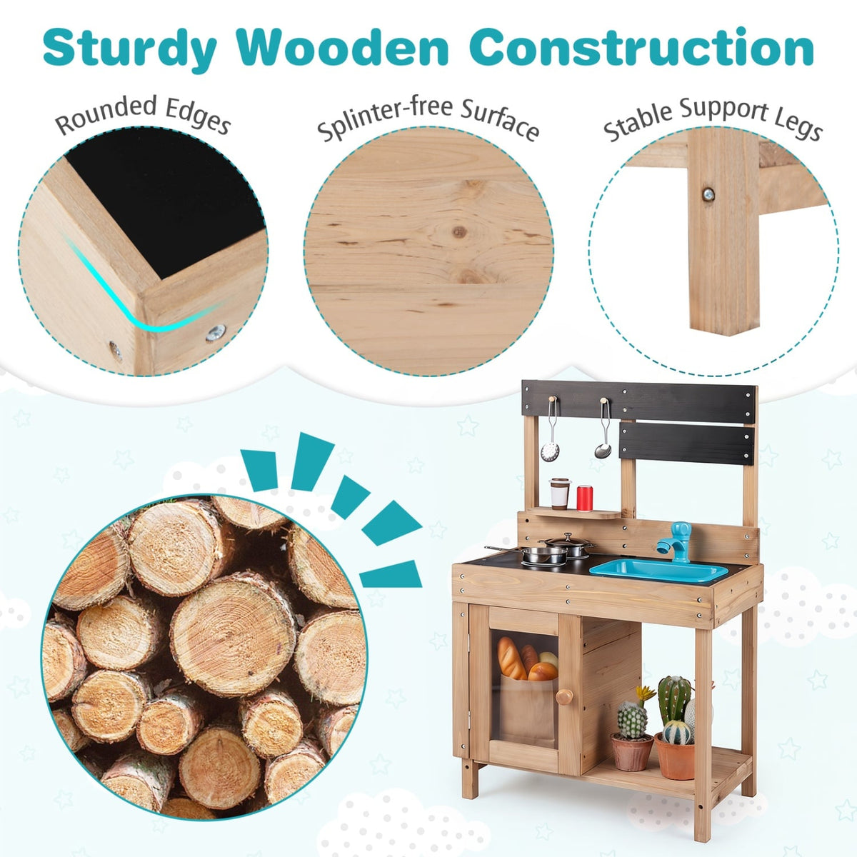 Wooden Play Pretend Kitchen with Stoves Storage Cabinet and Shelf view 9